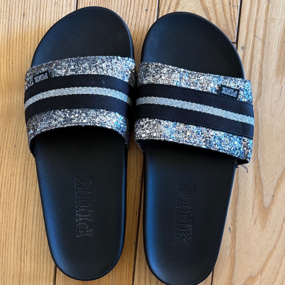 PINK Victoria's Secret Black Slides with Silver Glitter Straps